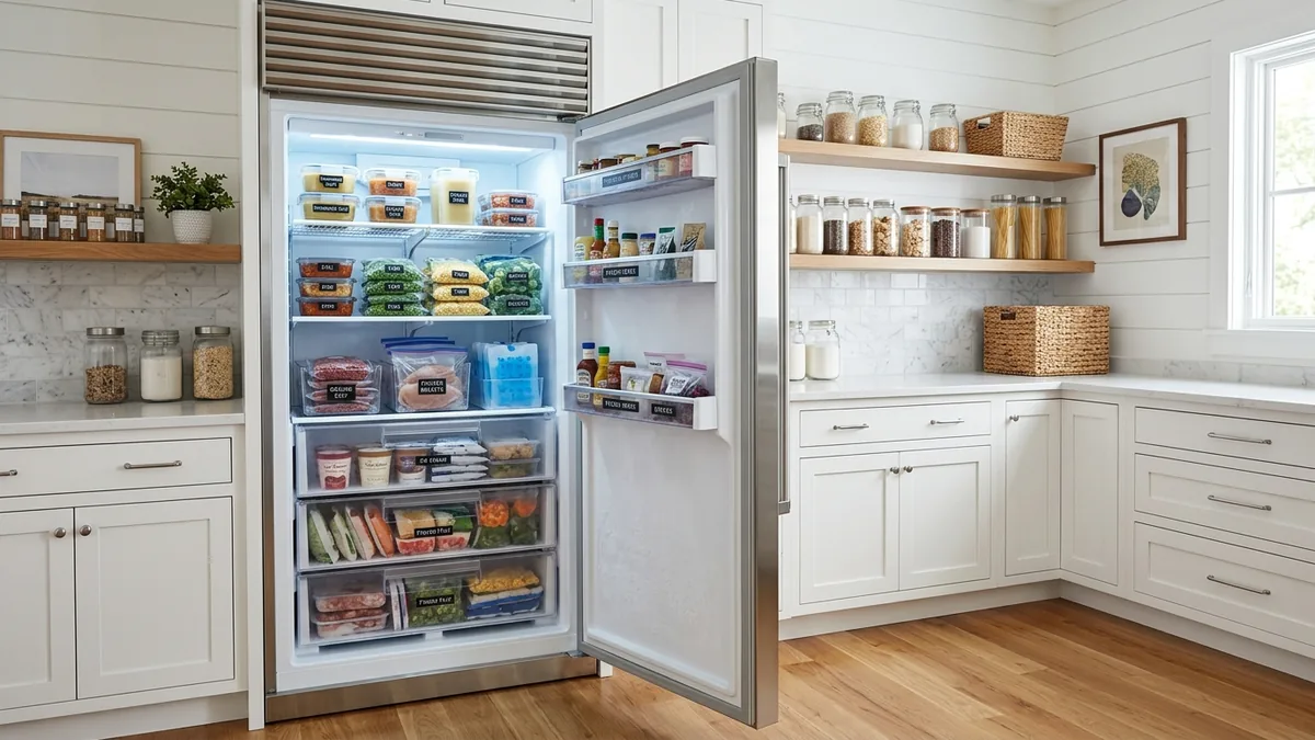 Emergency standalone upright freezer repair with open door and technician diagnostic temperature testing