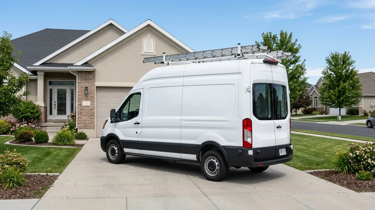 Clean mobile refrigeration service vehicle parked outside residential home for same-day repair dispatch