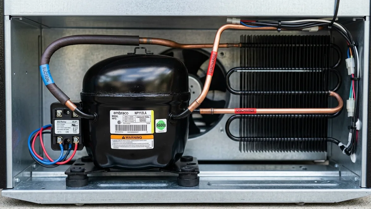Hermetic refrigerator compressor showing solid-state PTC start relay module, thermal overload switch, and copper suction lines