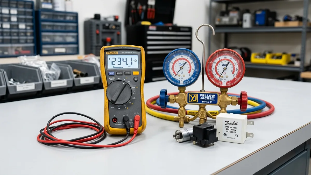 Professional digital multimeter, manifold pressure gauges, and replacement start relay components used for refrigerator diagnostics