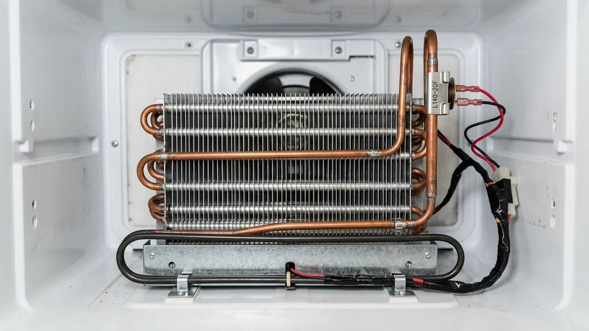 Residential frost-free refrigerator evaporator coil assembly with calrod defrost heater and bi-metal thermostat