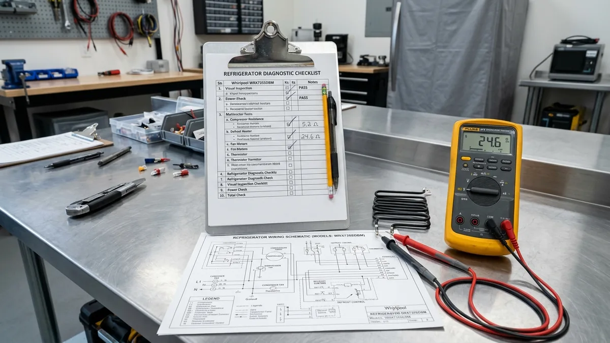 Professional digital multimeter diagnosing refrigerator electronic control circuit board