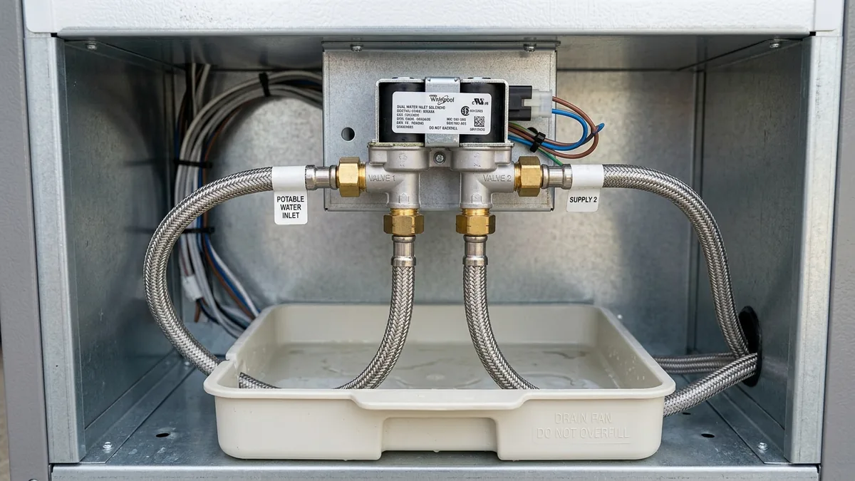 Refrigerator dual solenoid water inlet valve with braided supply lines and condensate evaporation drain pan